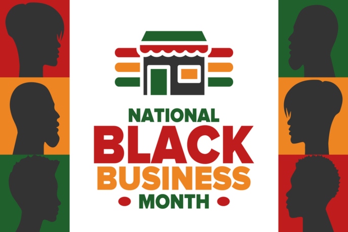 Silhouettes of Black people from the neck up in red, green, and yellow. Text says "National Black Business Month"