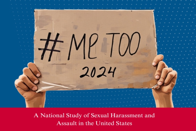 "#METOO 2024" written on cardboard, held by two hands. White text in a red rectangle at the bottom says, "A National Study of Sexual Harassment and Assault in the United States"