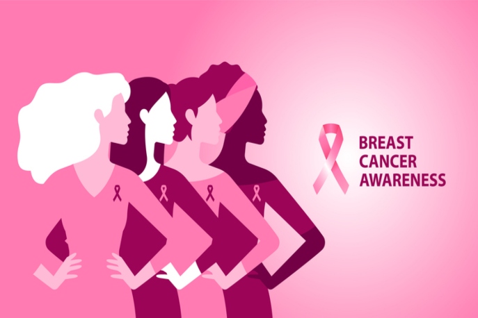 Illustrations of 4 diverse women in pink wearing ribbons, text on the right says "Breast Cancer Awareness"