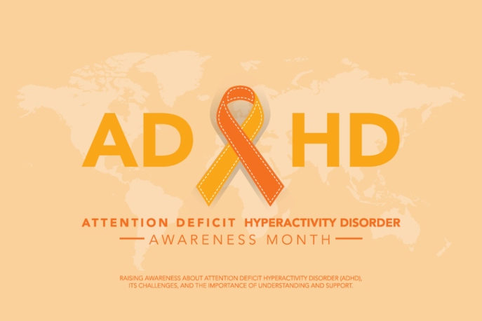 World map in light orange with a dark orange ribbon on top. "ADHD Attention Deficit Hyperactivity Disorder Awareness Month, Raising Awareness About Attention Deficit Hyperactivity Disorder (ADHD), Its Challenges, and the Importance of Understanding and Support."