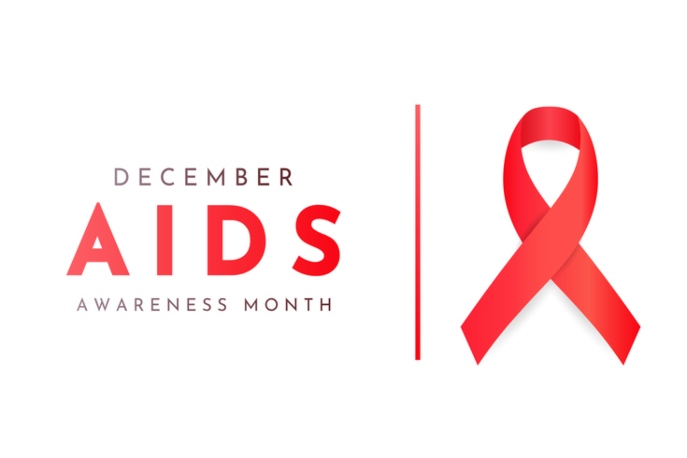 "December AIDS Awareness Month" Red ribbon and white background