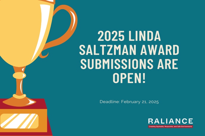 "2025 Linda Saltzman Award Submissions are Open! Deadline: February 21, 2025" Gold trophy graphic and a teal background.