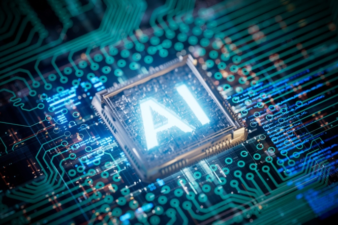 A glowing chip that says "AI" in a circuit board