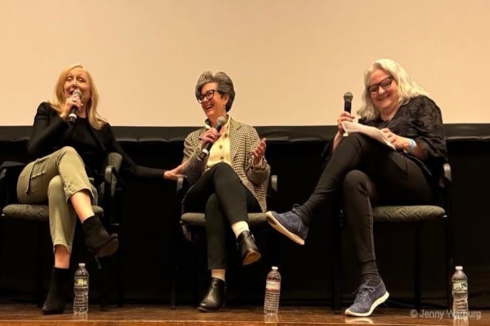 Actress Patricia Clarkson, Director Rachel Feldman, and Film Critic Thelma Adams smiling, sitting, and holding microphones at a q&a.